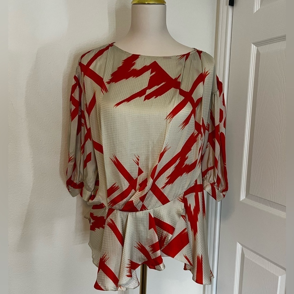 Preen by Thornton Bregazzi Chic Red Orange and Cream Patterned Blouse Size 6/8 - Picture 1 of 7